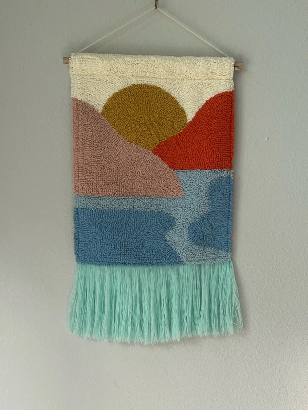 Mountain River Textured Knit Tasseled Wall Art; Canvas Back